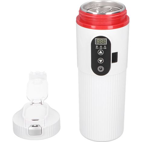 Bouilloire électrique de voiture 500 ml, tasse chauffante en acier inoxydable avec affichage intelligent de la température et allume-cigare intégré, blanche. (1/5)