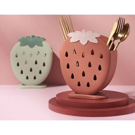 Boîte à baguettes créative en forme de fraise pour la cuisine, support multifonction pour baguettes, boîte à baguettes à double grille avec égouttoir, tube en plastique pour baguettes. (1/3)