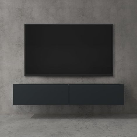 doporro Mueble de TV para Salón 160x40,2x30cm Mesa TV con Puerta Abatible hacia Abajo, en Blanco Mate + Gris Negro, Mueble de TV flotante, Estante TV 02