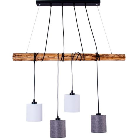 Suspension 4 Lumières en Métal et Bois, Abats-Jours en Tissu Gris et Blanc, E27 - PANGIVO (1/5)