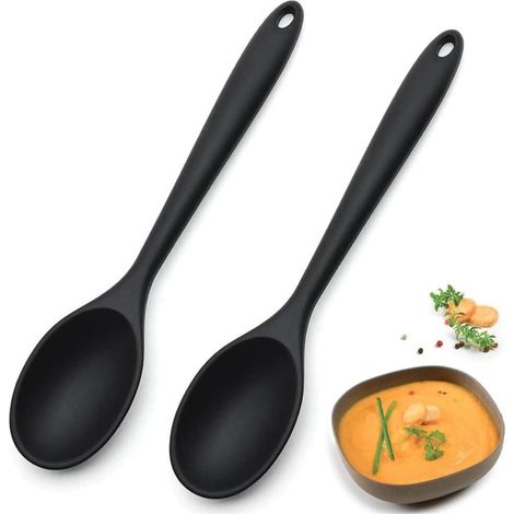 Juego de dos cucharas de silicona para cocinar (negras): libres de BPA, resistentes al calor, antiadherentes, aptas para sartenes y para remover. (1/4)