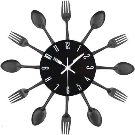 PA Horloge Murale Cuisine 3D Amovible Moderne Créative Décoration Maison Cuillère Fourchette Miroir Autocollant Noir (1/4)