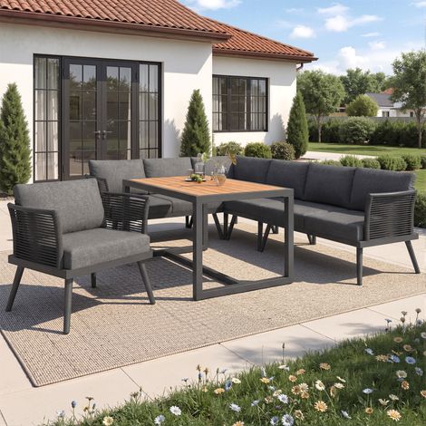 Ensemble de jardin 7 places en forme de L avec accoudoirs tressés / Angle en fer résistant aux intempéries / Comprend une table basse et un fauteuil en bois / Coussins inclus / Gris/Beige (1/4)