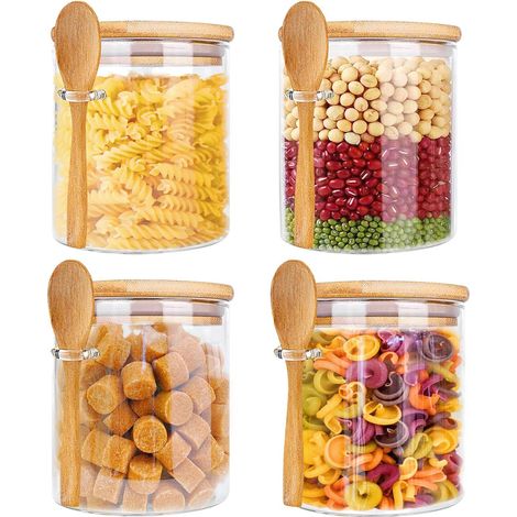 4 Pièces Bocaux en Verre 540ml Avec Couvercle et Cuillère - Pot de Conservation Hermétique Pour Épices, Spaghetti, Café, Céréales (1/5)