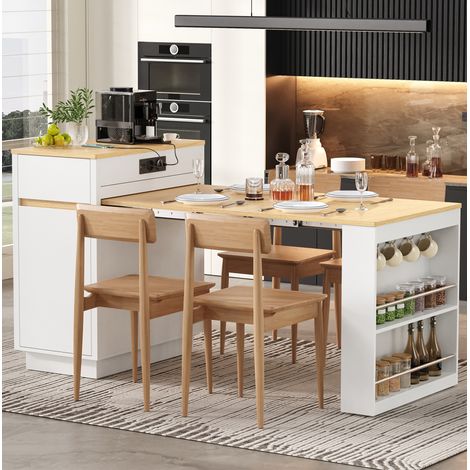 Isola cucina 58x80.5x94 cm, tavolo allungabile con LED e ricarica USB Type C, contenitori e ganci, MDF bianco (1/5)