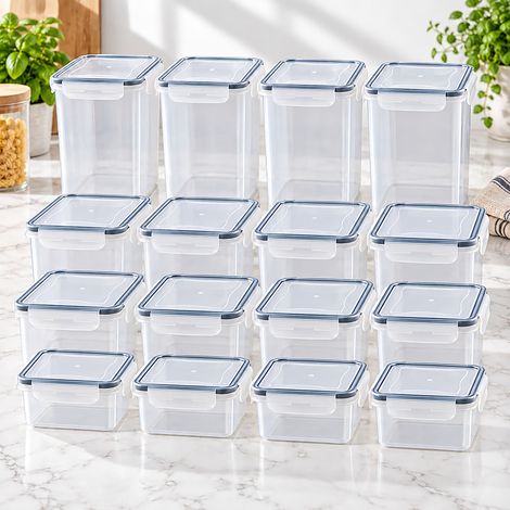 Relaxdays Boîtes de conservation, lot de 16, plusieurs tailles, couvercle à clic hermétique, étiquettes, transparentes (1/5)