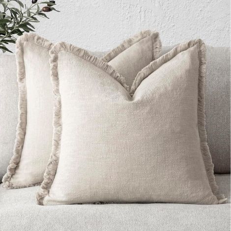 Lot de 2 housses de coussin décoratives en lin à franges, style bohème, avec pompons, douces et décoratives, pour canapé, lit, salon, décoration d'intérieur, 45 x 45 cm, beige