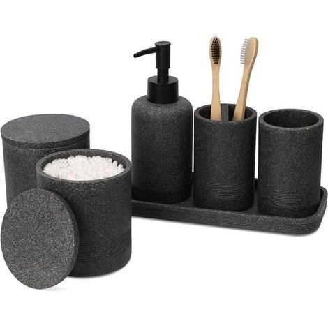 6 pièces, distributeur de savon, porte-brosses à dents, accessoires salle de bain noir, finition pierre, pour décoration intérieure (1/5)