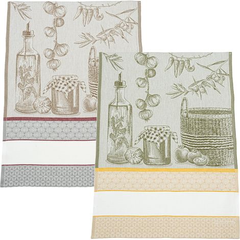 Lot de 2 torchons de Cuisine en Jacquard avec Insert en Toile Aida 5,5 PTS/cm à Broder, Parfaits pour sécher la Vaisselle, fabriqué en Italie, Motif Olive, Couleur Verte et Corde (1/3)