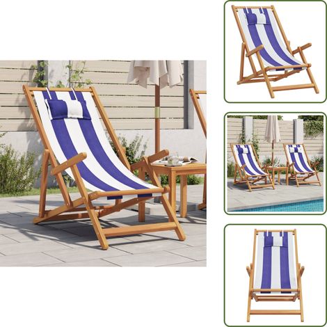 The Living Store Chaise de plage pliable bleu et blanc bois d'eucalyptus/tissu - Chaises De Jardin - Chaises Longues - Mobilier De Jardin - Chaise De Plage - Fauteuil De Jardin (1/5)