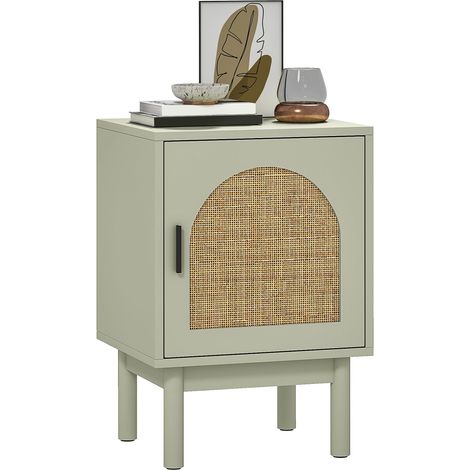 Table de chevet avec porte en rotin réglable et plateau en bois de style bohème 40x35x58 cm Vert clair