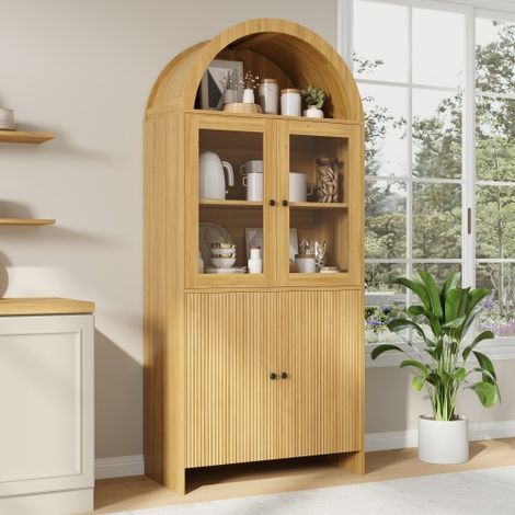 Armoire naturel avec 4 portes vitrées et étagères de rangment, vitrine à plateau arqué, fermé à motif ondulé, pour salon ou chambre (1/5)
