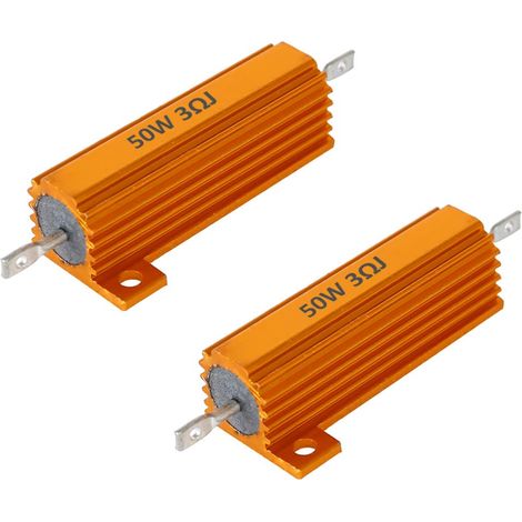 Lot de 2 résistances 50 W 3 ohms en boîtier aluminium, résistances de charge haute puissance, plaque graduée or, câblées, avec dissipateur thermique pour montage sur châssis. (1/5)
