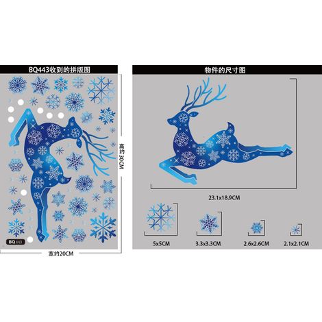 Autocollants de Noël rennes bleus, décorations de fenêtre cerfs sous un ciel étoilé et flocons de neige, autocollants statiques dégradés pour sapin de Noël, décorations de fenêtre fraîches.