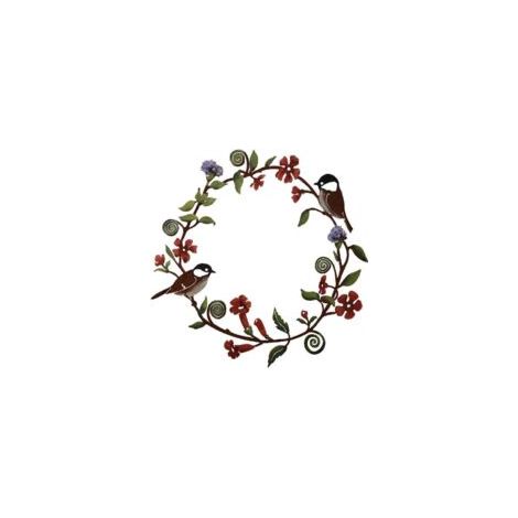 Vogel-Wanddeko, 30 cm, Blumenkranz aus Metall mit Meisenmotiv, hängende Wanddekoration aus Metall für Haus, Garten und Außenbereich - Crezuo