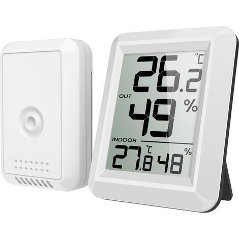Thermomètre intérieur et extérieur, thermomètre connecté avec capteur extérieur sans fil, hygromètre-thermomètre numérique avec grand écran LCD, commutateur °C/°F, pour bureau, maison, chambre (blanc) (1/5)