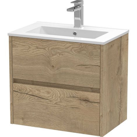 Nuie Havana Autumn Oak Woodgrain 600mm Wall Hung 2 Drawer Vanity Unit and Minimalist Ceramic Basin - HAV804B (1/4)