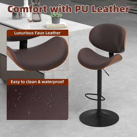 Lot de 2 tabourets de bar – 360° pivotants, réglables en hauteur, bois et similicuir, dossier ergonomique, repose‑pieds – Pour îlot de cuisine ou comptoir, marron (1/5)