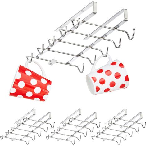 Relaxdays Cup Holder, 4x Racks, Cupboard Tidy each 10 Cups, Metal, Under Shelf Organiser, HxWxD: 6 x 14 x 28 cm, Silver