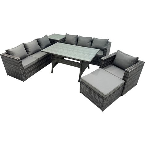 Fimous 8 Seater Outdoor Corner Sofa Chair Dining Table Set Garden Rattan Furniture Set with Side Table Big Stool Dark Grey (1/5)