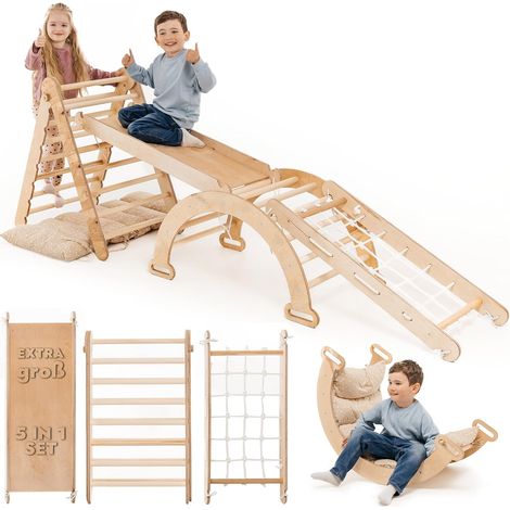 Extra Groß 5-in-1 Indoor Klettergerüst für Kleinkinder - Dreiecksleiter, Kletterbogen & Kletterrampe & Netz, Kissen, Montessori Klettergerüst, Kinder Holzspielplatz, für Kinder von 1-5 Jahren