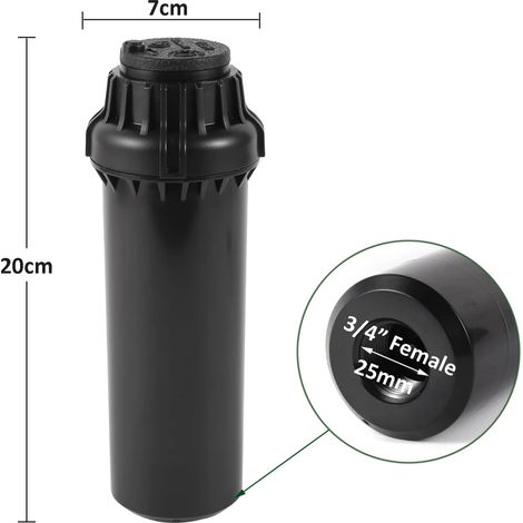 Arroseur rotatif réglable de 40° à 360° pour jardin et pelouse, tête d'arrosage escamotable avec filetage femelle 3/4" et 12 buses de rechange. (1/5)
