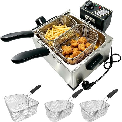 Friteuse double en acier inoxydable, Friteuse avec fenêtre de visionnage, boîtier en acier inoxydable, panier à fritures amovible pour cuisine domestique, frites, poulet, anneaux d'oignon (1/5)