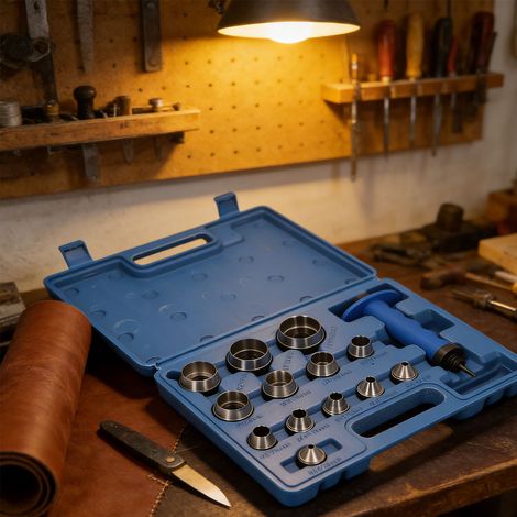 Set aus 13 Riemenstanzwerkzeugen (5-35 mm) in Blau, ausschließlich erhältlich ab Lager im Ausland. (1/5)