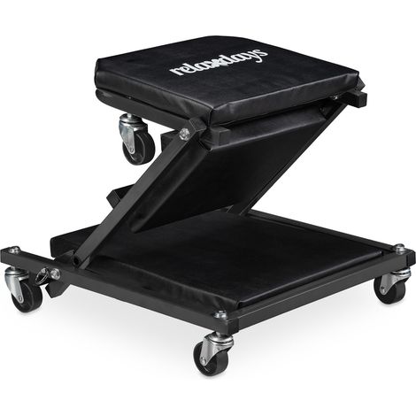 Relaxdays Rolling Board Workshop up to 150 kg, 2in1 Foldable Rolling Seat & Workbench, 360° Rotatable, Steel, Black