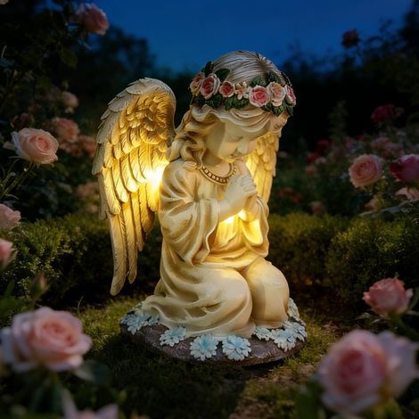 Statue du Jardin des Anges, Statue des Anges avec Couronne Énergétique Solaire Sculpture Ange Gardien avec Lampe LED Solaire Figurine de l'Ange de la Prière pour Cadeau de Pendaison de Crémaillère (1/5)