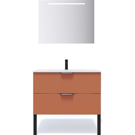 Meuble de salle de bain suspendu vasque intégrée 90cm 2 tiroirs Terracotta + miroir - Soho (1/5)