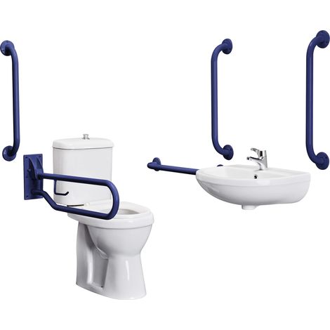 Pack - Comfort Height Toilet Pan with Cistern & Seat, Wall Mounted Basin + Tap, 5 Grab Rails & Drop Down Rail - Blue by Balterley
