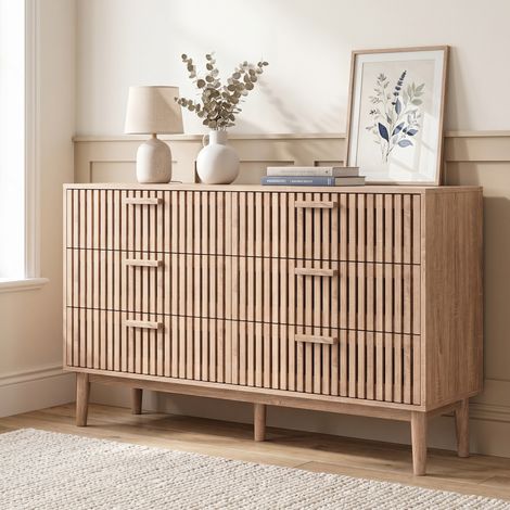 Commode 100, 6 tiroirs, buffet 100, commode chambre, design à lattes verticales, meuble de rangement, pour salon/cuisine/salle à manger, style moderne/scandinave(100x34x73cm, Chêne clair)
