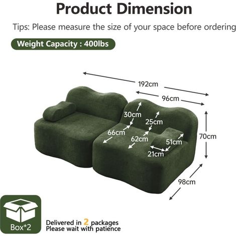 Canapé droit 2 places modulaire – Mousse haute densité 32D, design vague, assise profonde, vert – Compact et confortable pour petits espaces (1/5)