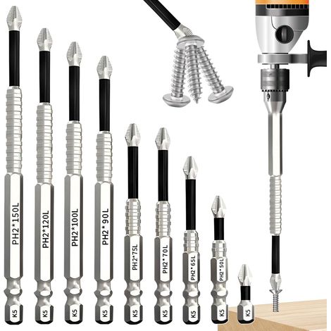 Lot de 9 embouts de vissage magnétiques antidérapants, 25, 50, 65, 70, 75, 90, 100, 120, 150 mm, pour perceuse à percussion, visseuse sans fil (1/5)
