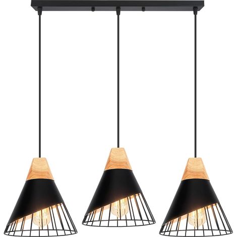 Suspension Luminaire Moderne Industrielle Bois Lustre Abat-jour Métal Vintage forme Cage Ø25cm Plafonnier E27 Design pour Cuisine Chambre Salon (3 lampes - Noir - barre) [Classe énergétique A]