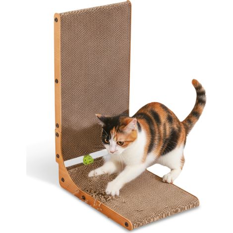 Tiragraffi Per Gatti A Forma Di L Altezza 68 Cm – Graffiatoio In Carta Ondulata Resistente E Legno Mdf – Design Salvaspazio Con Gioco A Pallina Integrato