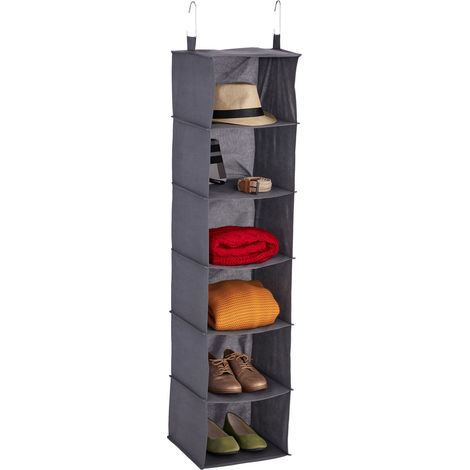 Relaxdays Hängeregal Kleiderschrank, 6 Fächer, Stoff, HBT: 139 x 30 x 30 cm, 2 Haken, Kleideraufbewahrung hängend, grau