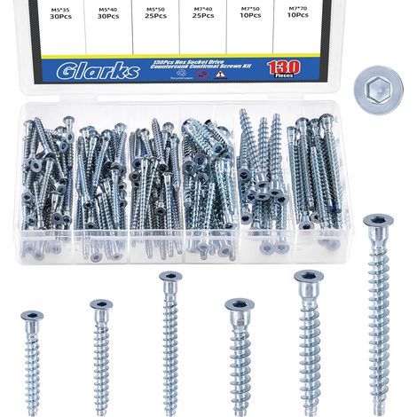 130pcs M5 x 35/40/50mm M7 x 40/50/70mm Plaqué en zinc Kit de vis de confirmation, Vide auto-robinage d'entraînement de prise hexagonale en acier au carbone (1/5)