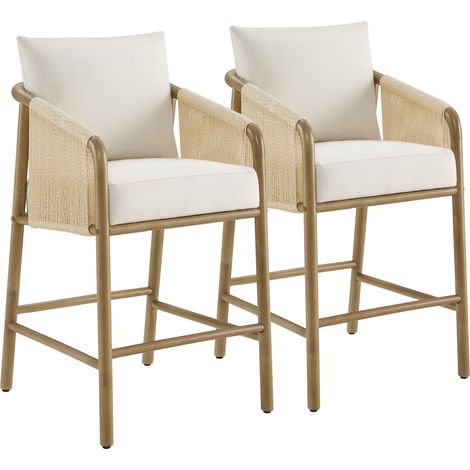 Lot de 2 tabourets de bar, assise rembourrée tissu, dossier accoudoirs,pour îlot et bar-Beige (1/5)