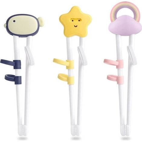 3 paires Baguettes d'apprentissage pour enfants et débutants, Baguettes chinoises, Baguettes d'entraînement avec Dessin Animé