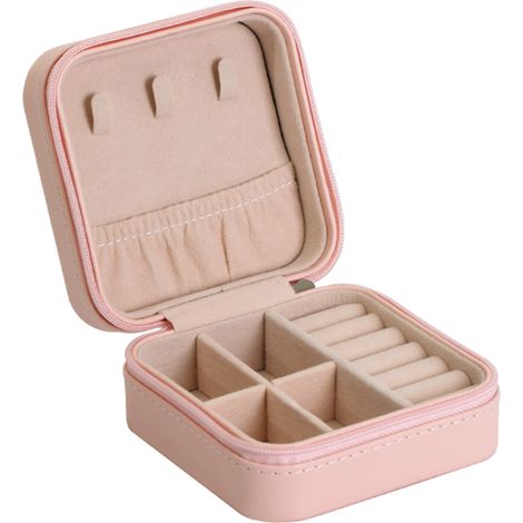 Estuche compacto de viaje para joyas, organizador de piel sintética con compartimentos de terciopelo, caja portátil de 10 cm para bolso. (1/5)