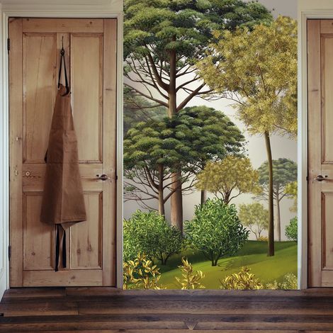 Papier peint intissé Forêt, 250 cm X 150 cm, style toile en peinture, illustration de grands arbres verts, panoramique. (1/2)