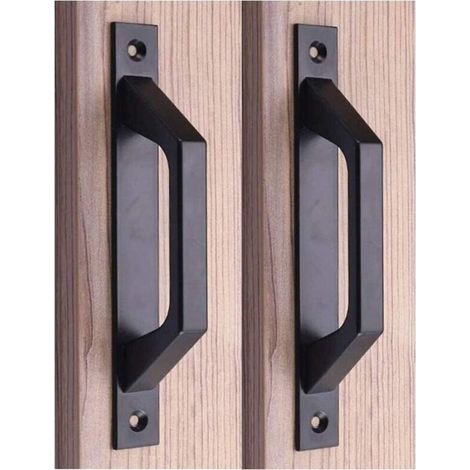 Poignée en bois 7,75" Poignée de porte coulissante en acier au carbone Poignée de porte de grange (Noir) (1/4)