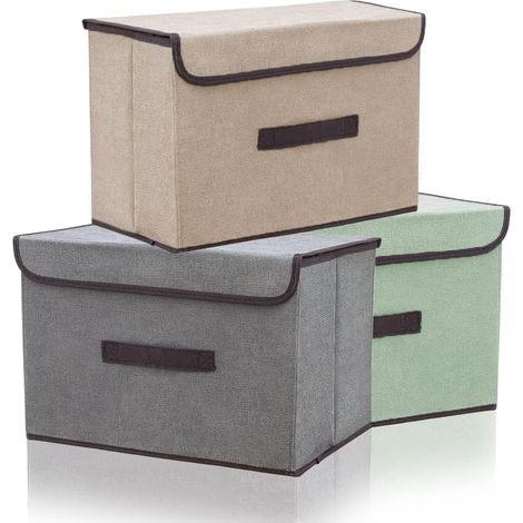 Lot de 3 bacs de rangement avec couvercles, cubes de rangement en tissu pliables, boîte de rangement pliable, bacs de rangement pliables pour organisation et rangement, beige+vert+gris (1/5)