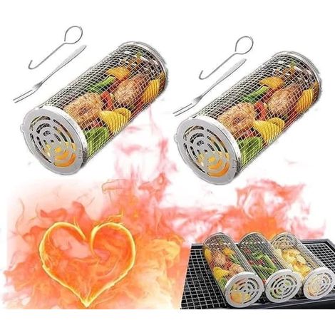 Panier à griller en acier inoxydable, lot de 1/2 panier – à roulettes, camping, jardin, 10 x 20/30 cm (1/5)