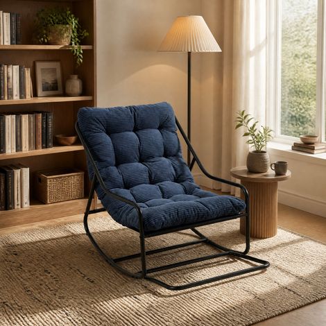 Chaise à bascule d'extérieur avec coussin épais, structure en acier, noir et bleu marine DESVIAE (1/5)