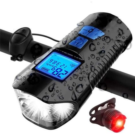 Feux de vélo LED rechargeables 4-en-1 avec compteur de vitesse et sonnette lumière arrière puissante pour cycliste urbain. (1/5)