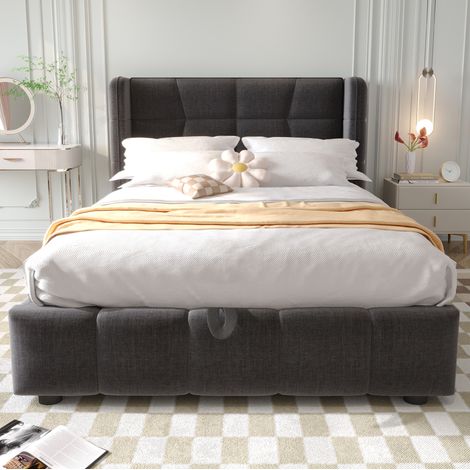Cama infantil con almacenamiento tapizada gris OKMYHOME (1/3)