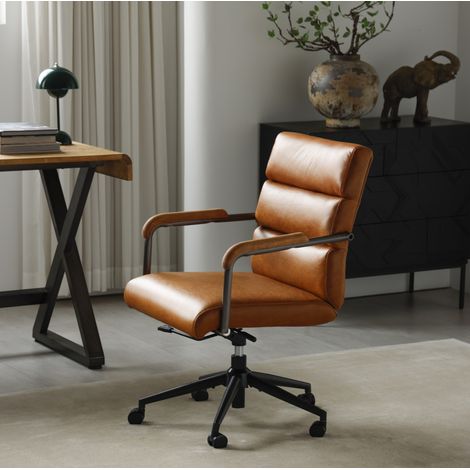 Sedia da ufficio in pelle, altezza regolabile, ruote silenziose, base girevole, marrone OKMYHOME (1/5)